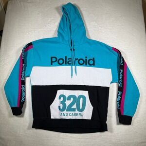 Polaroid 320 and Camera Color Block Hoodie Sweatshirt Aqua Blue XL
